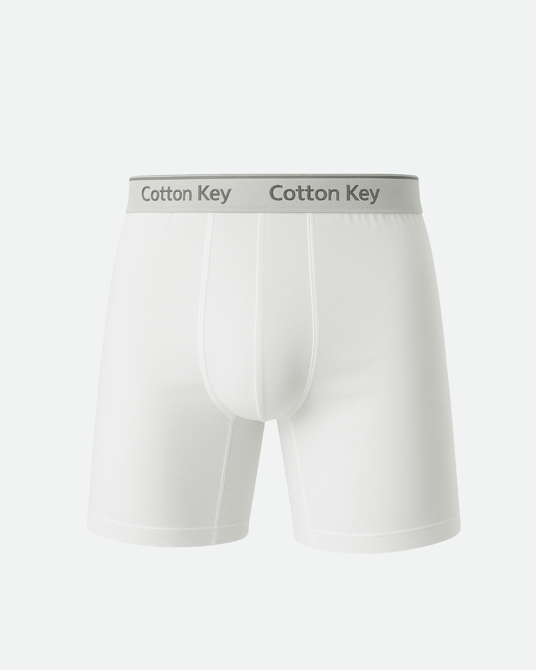 Flat lay of men’s white cotton short boxer briefs – tight fit breathable underwear by Cotton Key