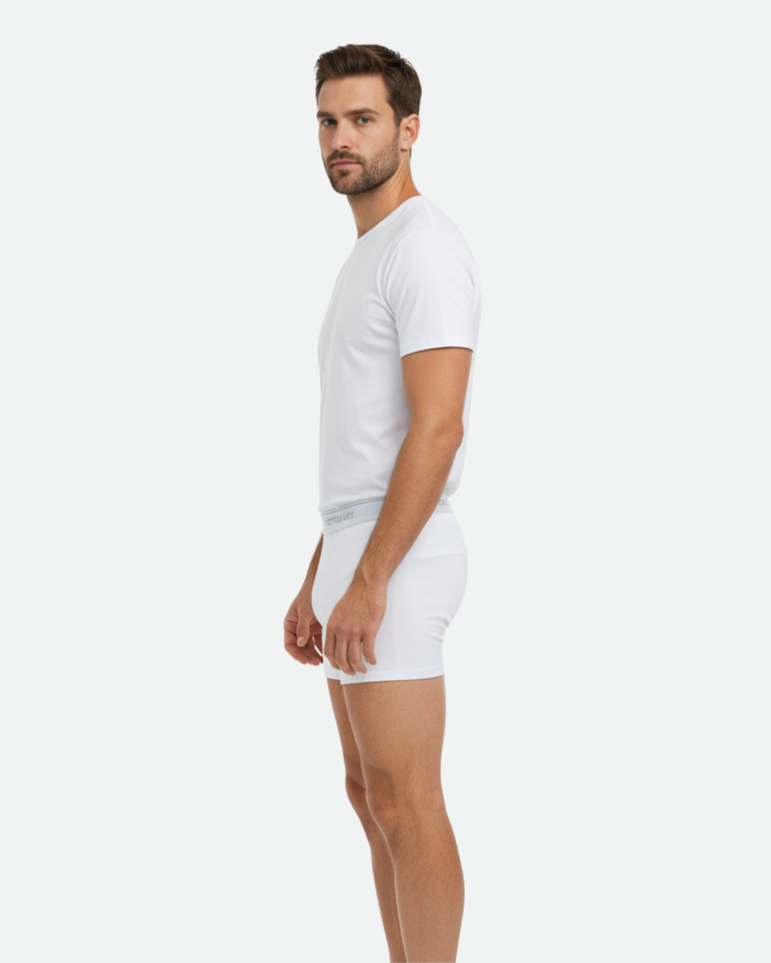 Side view of men’s white cotton short boxer briefs – tight fit breathable cotton underwear by Cotton Key