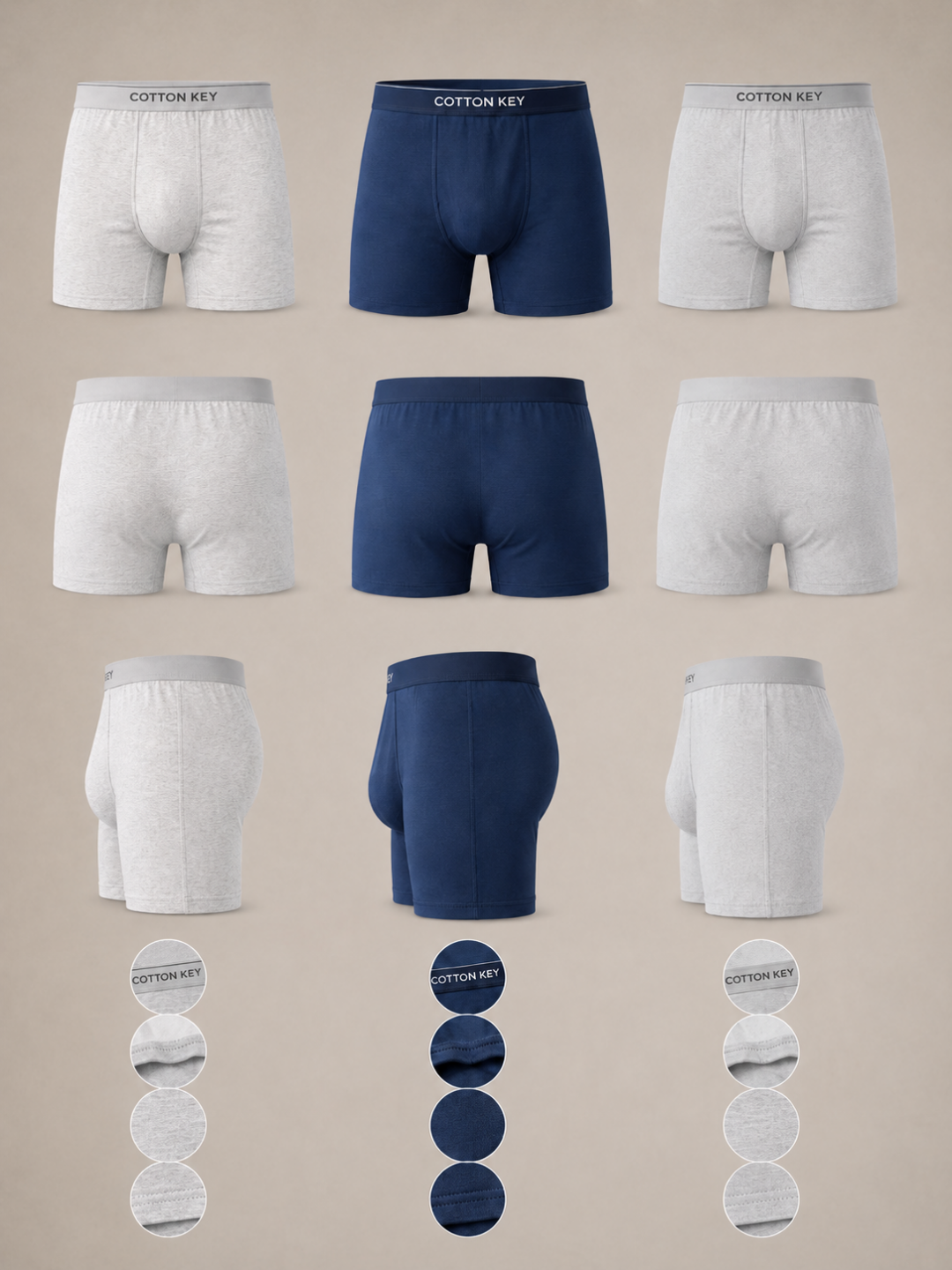 3-Pack Short Cut Boxers – Navy, Light Grey & Dark Grey | Cotton Key