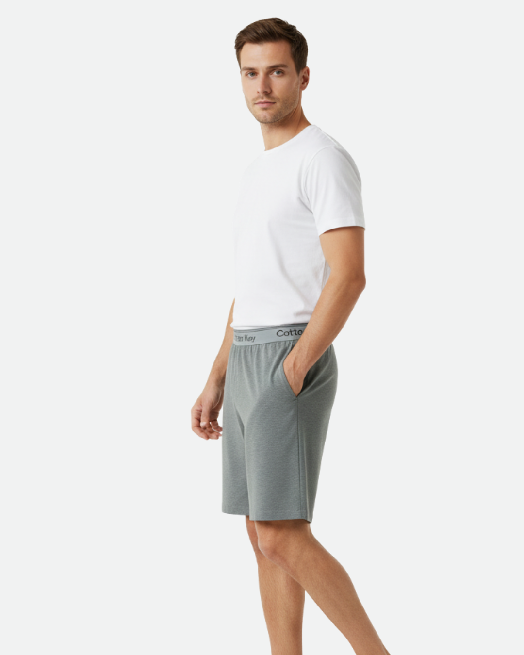 Side view of men’s grey cotton boxer shorts with pockets – lightweight and breathable by Cotton Key