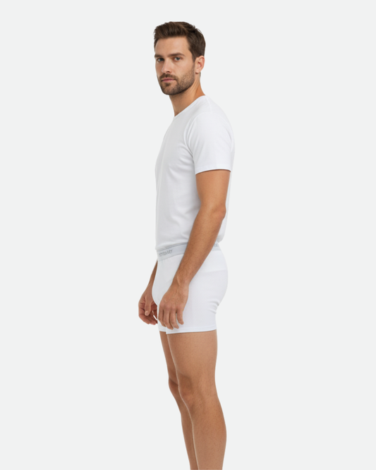 Side view of men’s white cotton short boxer briefs – tight fit breathable cotton underwear by Cotton Key